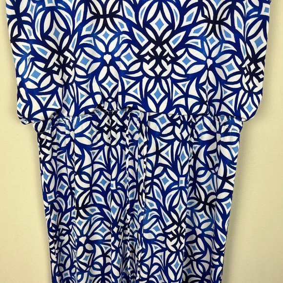 Chico's 3 Maxi Dress XL Blue White‎ Sleeveless Geo Print Jersey Knit Slit V-Neck - Picture 6 of 12